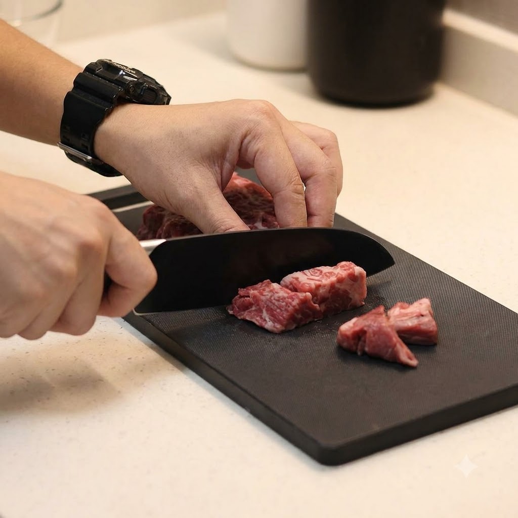 黒いまな板の上で、大きな包丁を使って厚切りの生肉を小さな立方体にスライスしている手。