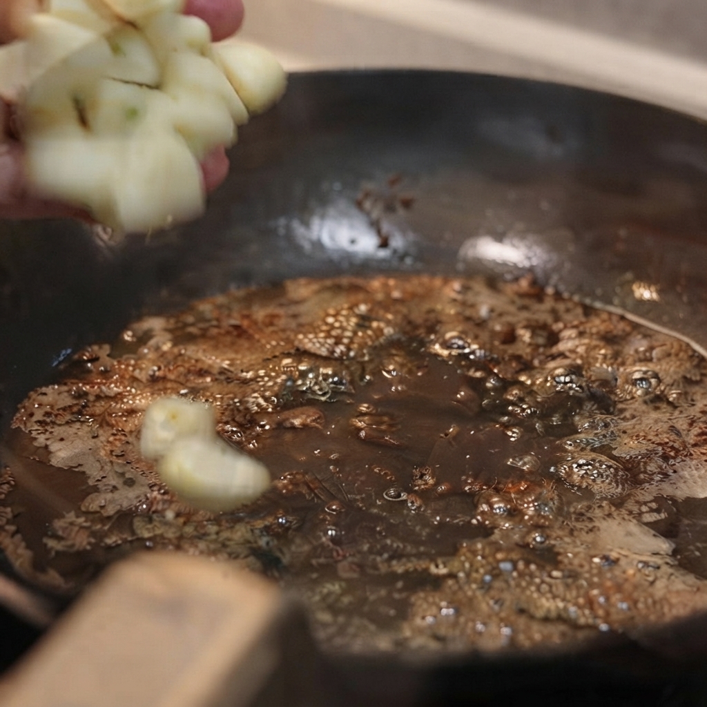 牛肉を炒めた後のバターと旨味が残る熱いフライパンで、ニンニクを炒めている様子。