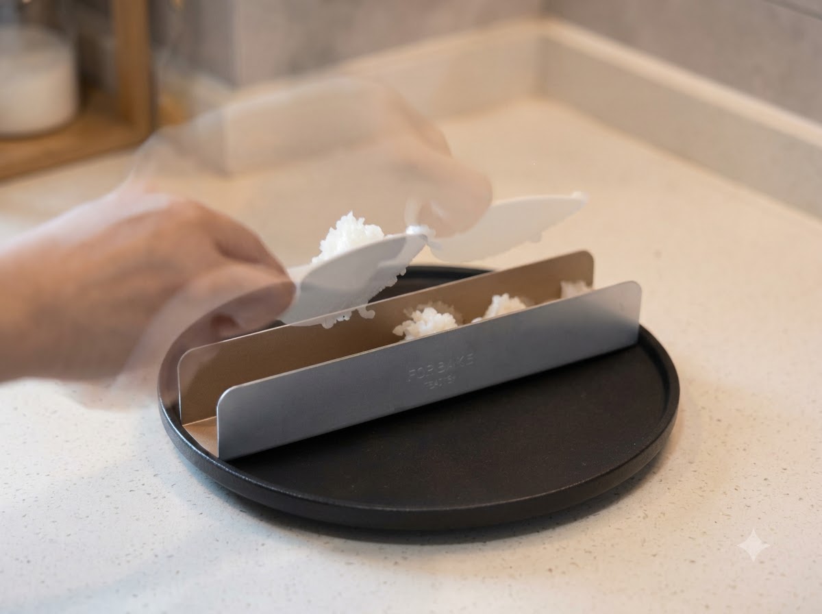 黒いサービングプレートの上に置いた金属製の成型型に、白ご飯を押し込んでいる様子。