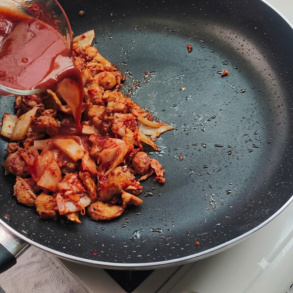 鶏肉と刻みキムチが入ったフライパンに、ガラスの計量カップから赤いタレが注がれている様子。