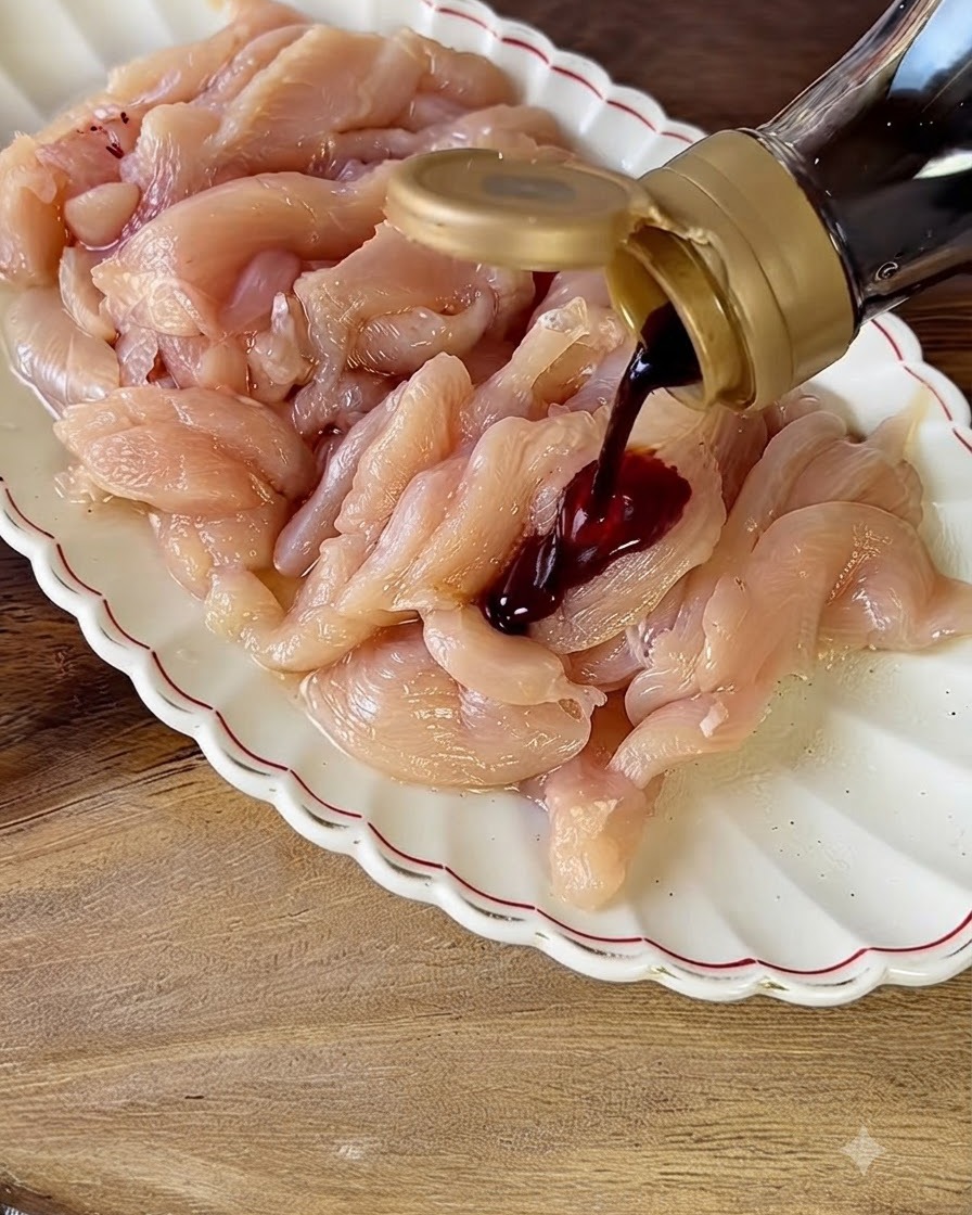 白い縁取りのある皿に載った生鶏むね肉の細切りに、ボトルからダークソイソースが注がれている様子。