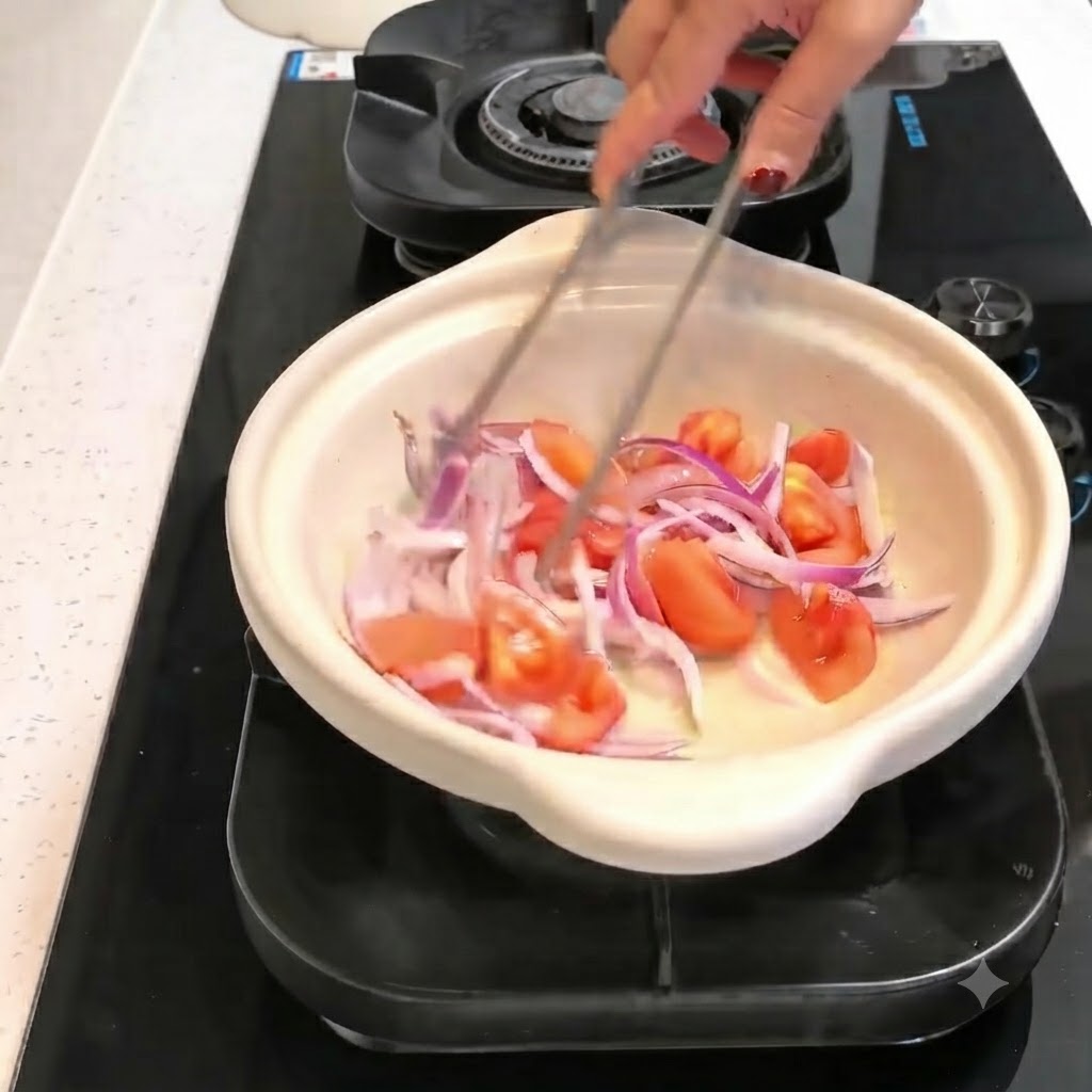 トングを使って、キムチと生の牛薄切り肉を玉ねぎやトマトと一緒に鍋の中で混ぜ合わせている様子。