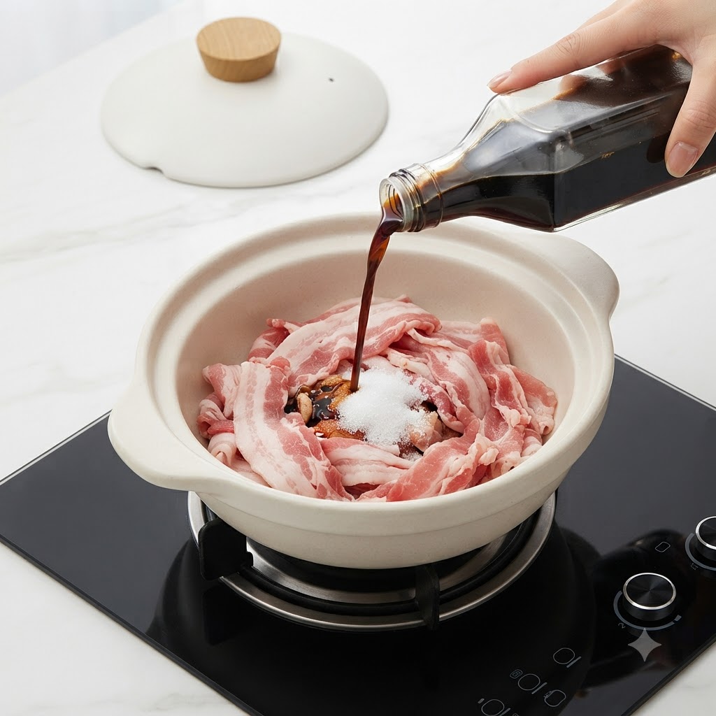 生の牛肉や砂糖、調味料の入った鍋に、ボトルから醤油を注いでいる様子。