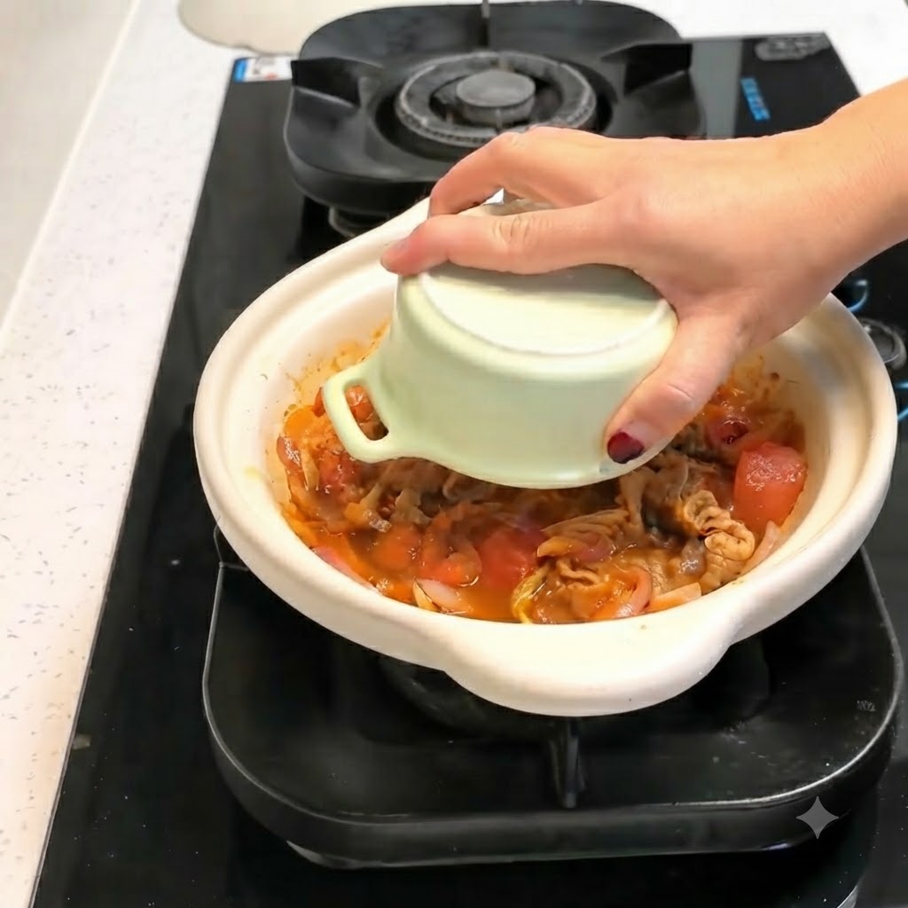 ご飯茶碗をひっくり返し、旨味たっぷりの牛肉とキムチの具材で満たされた鍋の中央にご飯を置いている様子。