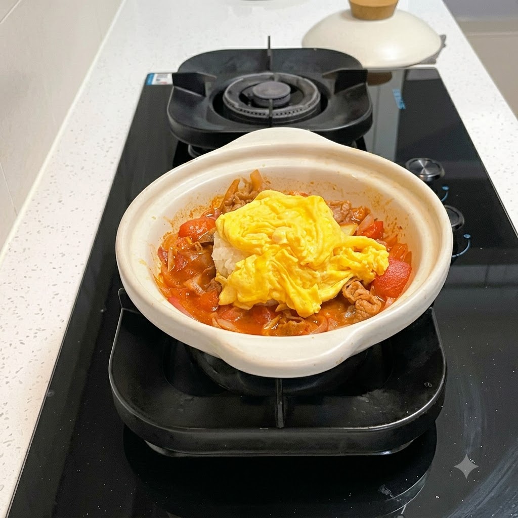 白っぽい土鍋の中央に盛られたご飯と煮込み具材の上に、ふんわりとした黄色い炒り卵がきれいに重ねられている様子。