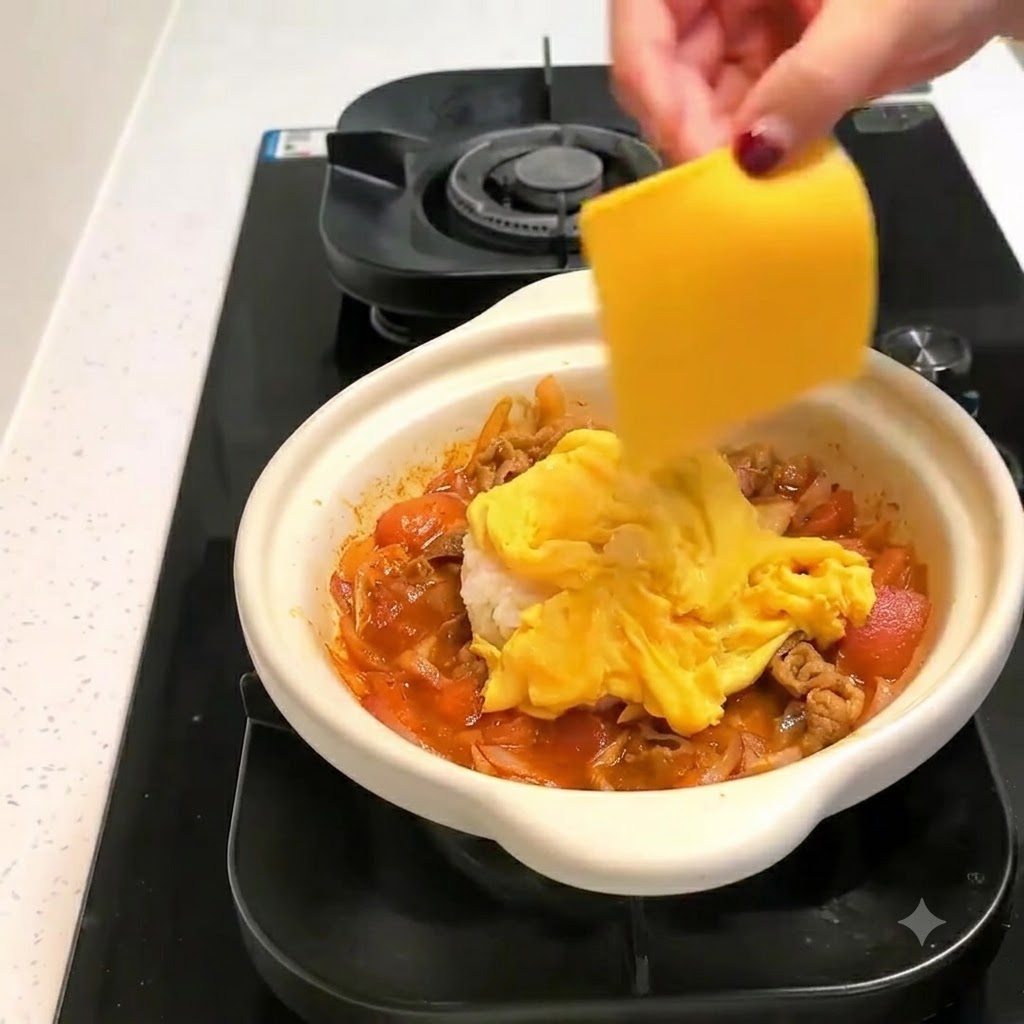 白い土鍋の中のふわふわ卵の上に、黄色のスライスチーズ2枚が配置されている様子。