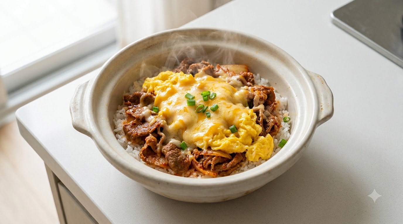 10分で作るキムチ牛丼！ふわふわ卵ととろけるチーズのせ