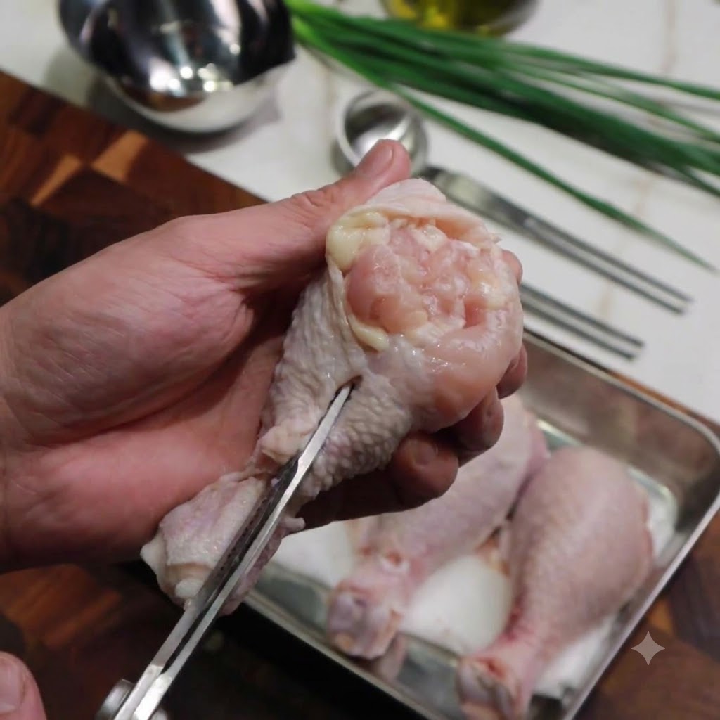 キッチンバサミを使って鶏肉の骨に沿って切り込みを入れ、骨を取り除いている手。