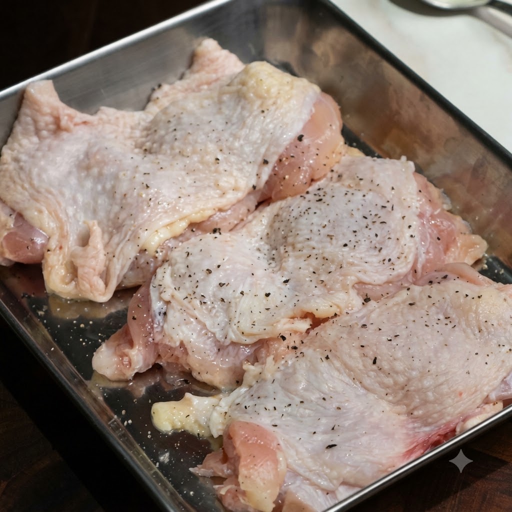 ステンレス製トレイの上で、黒こしょうなどで下味をつけられた骨なし鶏もも肉。