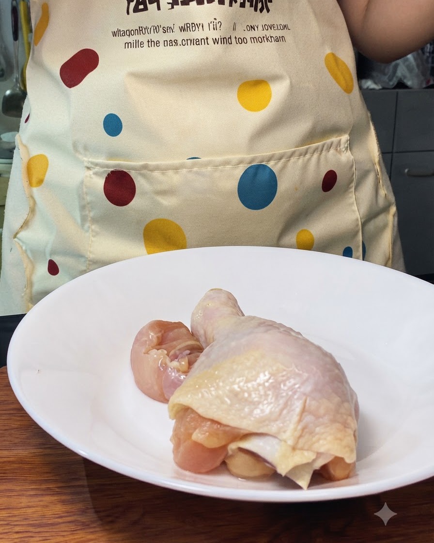 白いお皿の上で鶏もも肉を大きめにカットしている様子。