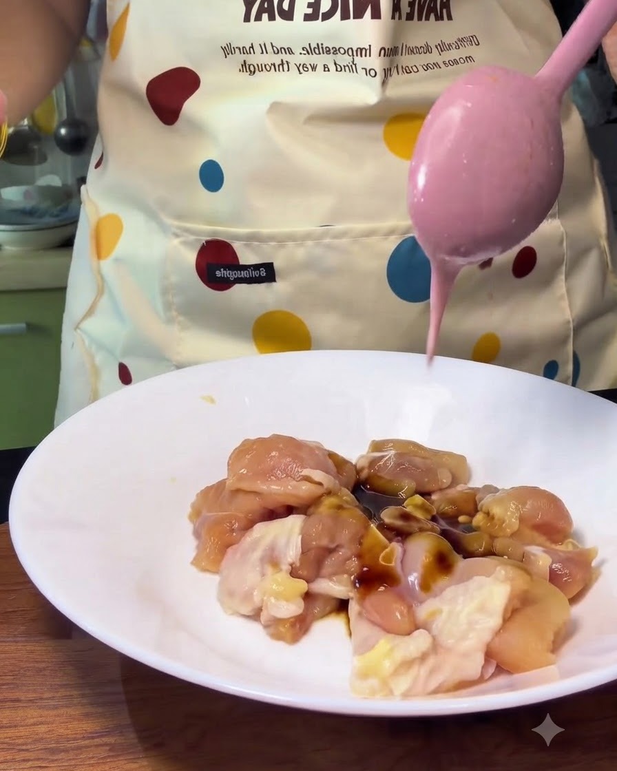 ボウルに入った鶏肉にピンクのスプーンで調味料を加えている様子。