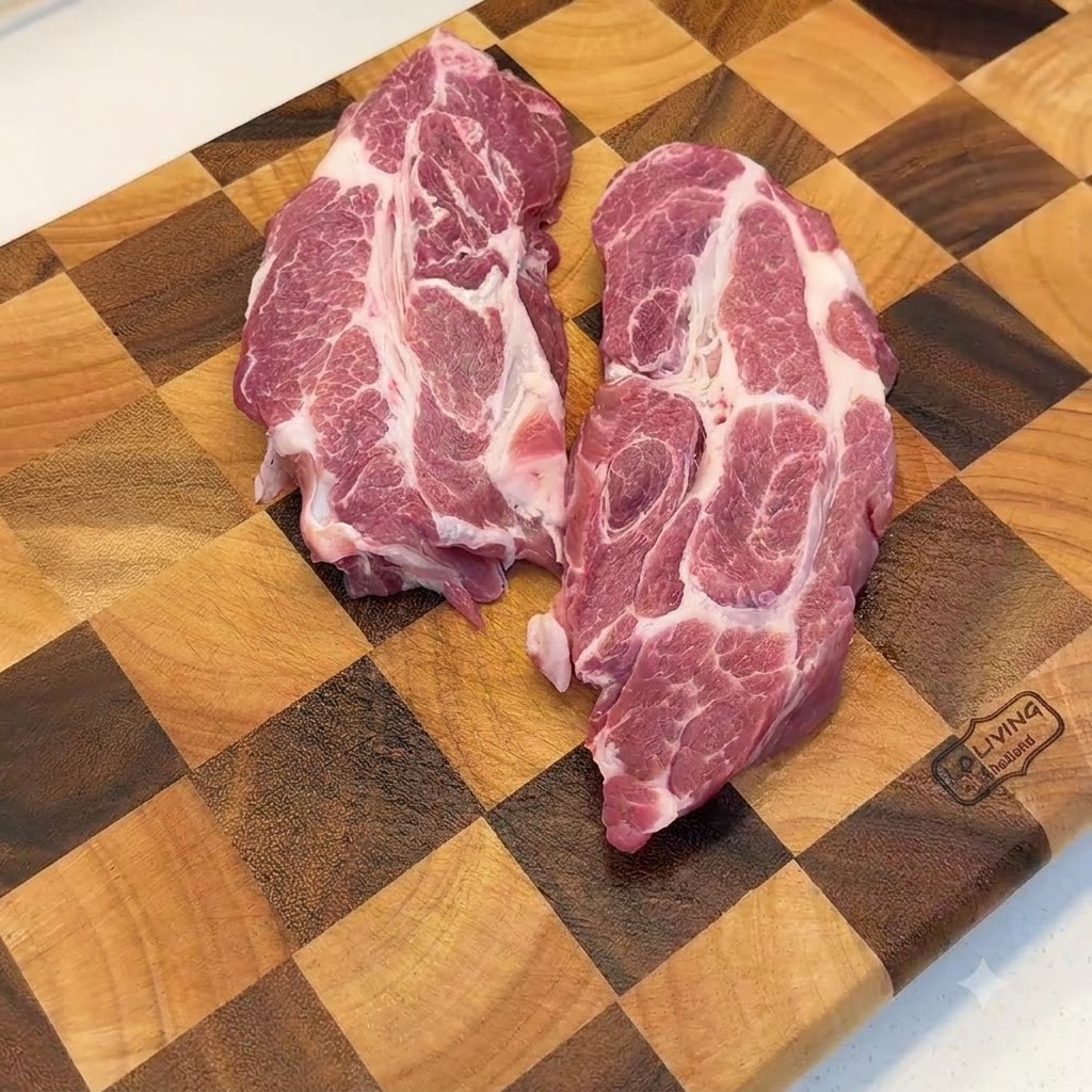 木製のまな板の上で、金属製のミートハンマーを使って生肉の豚肩ロースを叩いている様子。