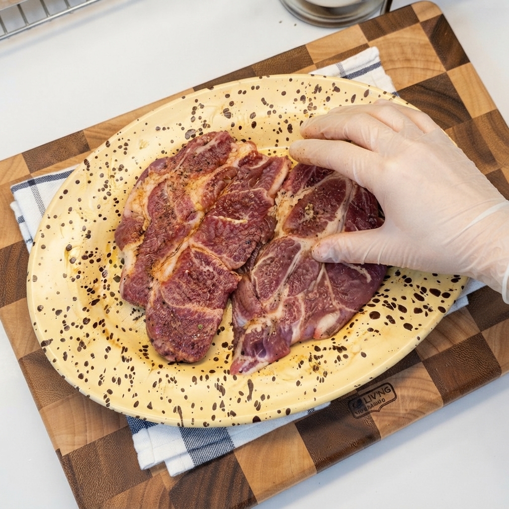 手袋を着用した手が、皿の上の生豚肉に調味料と生姜のスライスをもみ込んでいる様子。