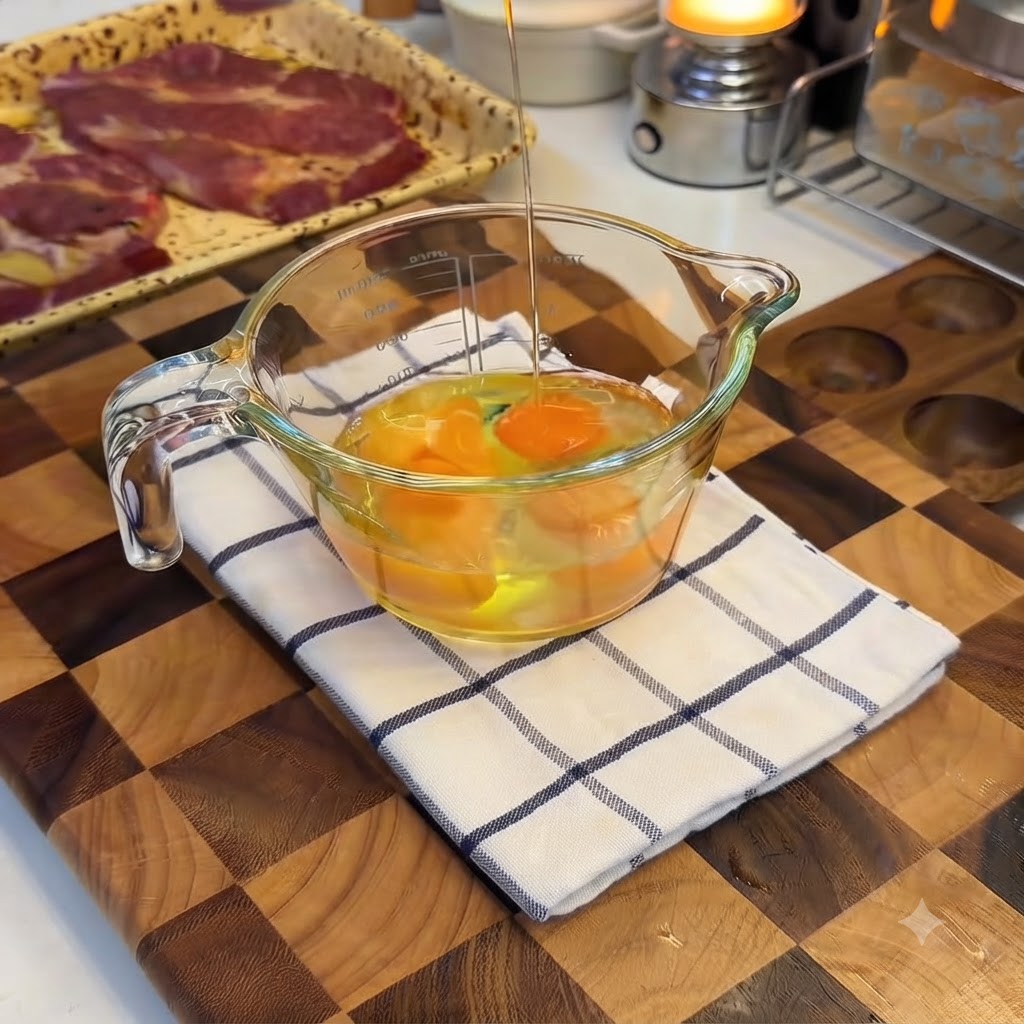 生の卵が入ったガラスの計量カップに向かって、上方から牛乳を注いでいる様子。