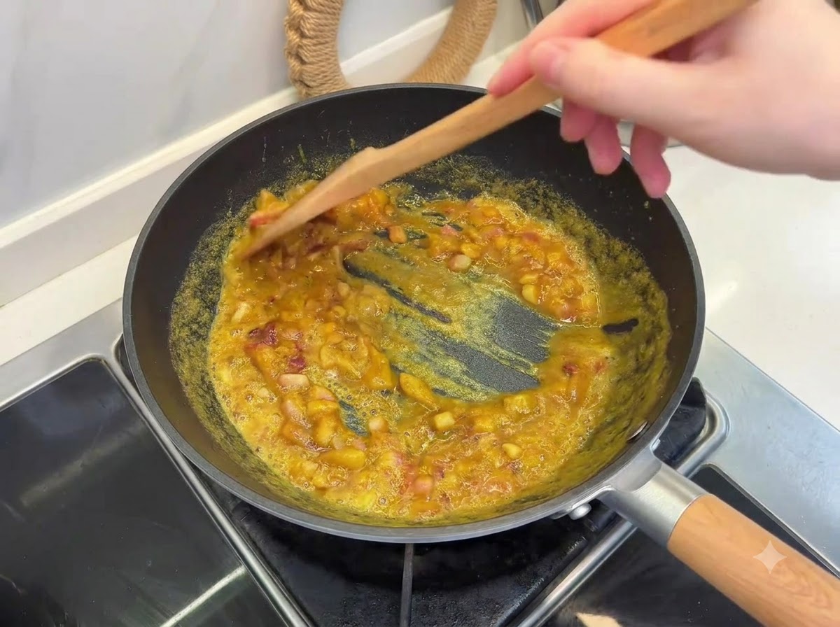 スキレットの中で、木べらが溶けかけのカレールーと玉ねぎを混ぜ合わせている様子。