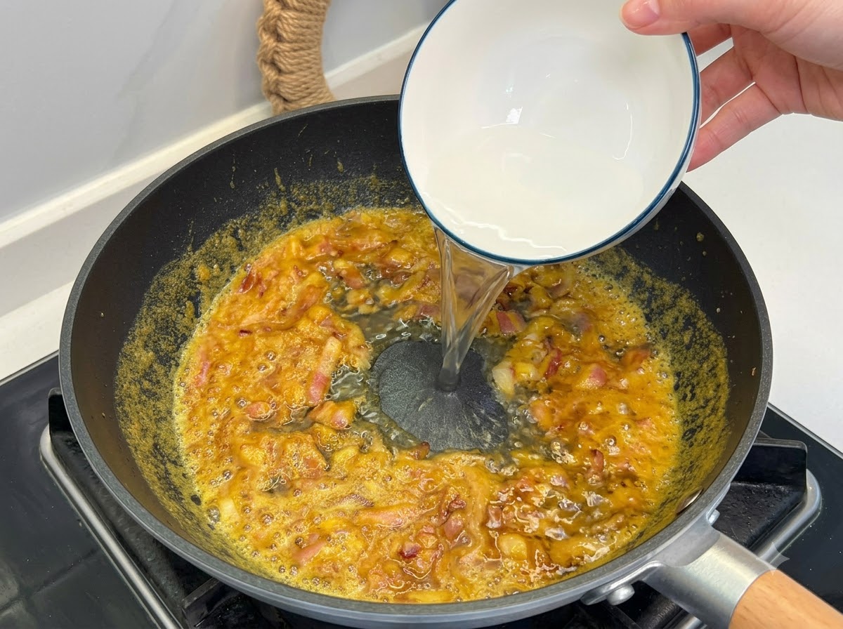 小さな白いボウルから、煮込んでいるカレーのフライパンへ透明な水を注いでいる様子。