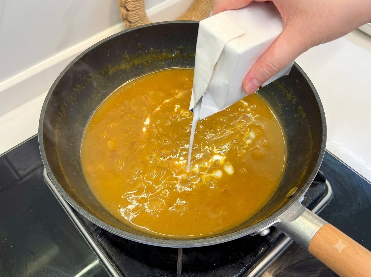 沸騰している茶色いカレーソースに、パックから白いココナッツミルクを注いでいる様子。