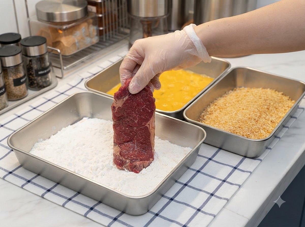 手袋を着用した手が、生の豚カツを持って白いコーンスターチのトレイで衣をつけている様子。