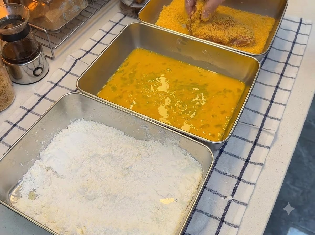 小麦粉と卵液のトレイの隣で、オレンジ色のパン粉を豚カツにしっかりと押しつけている様子。