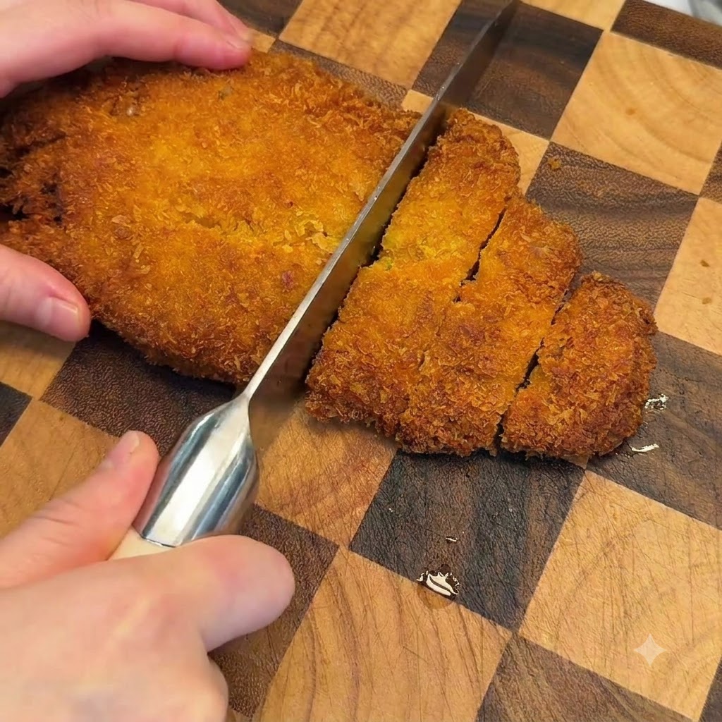 まな板の上で、包丁でサクサクとした黄金色の焼き上がりの豚カツを厚めにスライスしている様子。