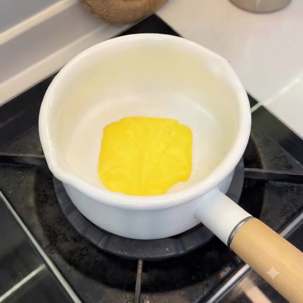 小さな片手鍋の中で、白いココナッツミルクの中に四角い黄色のチーズスライスが溶けている様子。