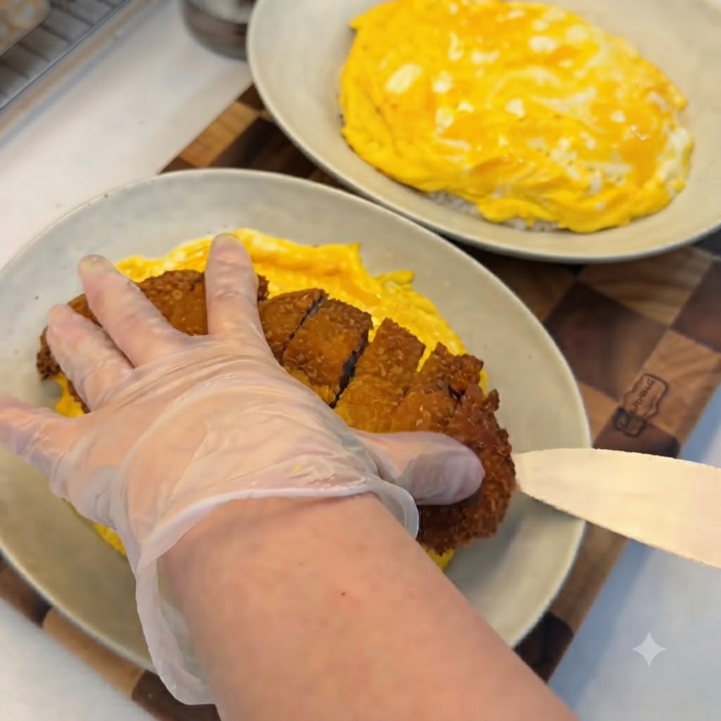 手袋を着用した手が、鮮やかな黄色のオムレツをまとったご飯の上に、スライスした黄金色の豚カツをきれいに並べている様子。