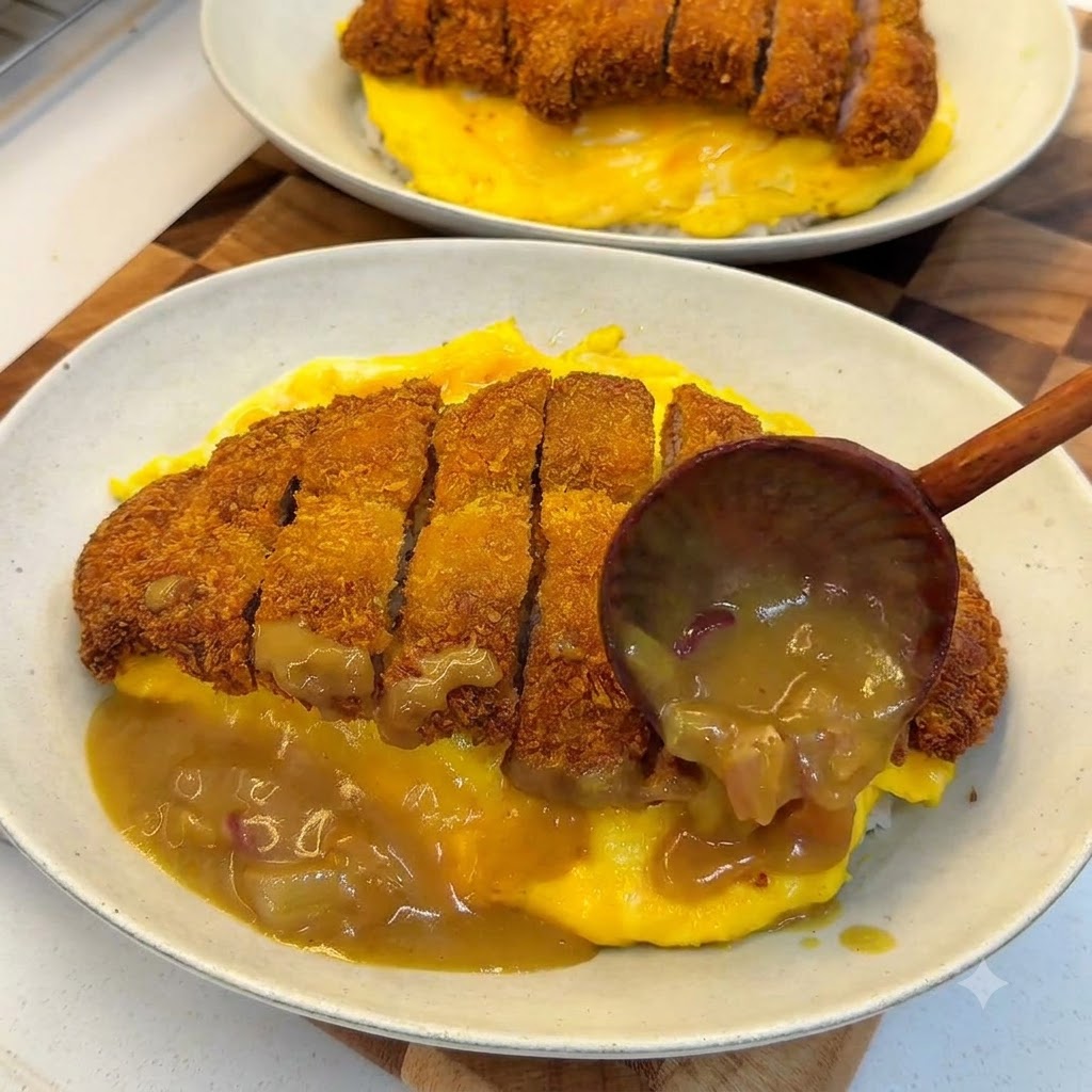 木製のレードルを使って、スライスしたサクサクの豚カツをのせた卵巻きご飯の周りに、玉ねぎ入りの濃厚な茶色いカレーソースをかけている様子。