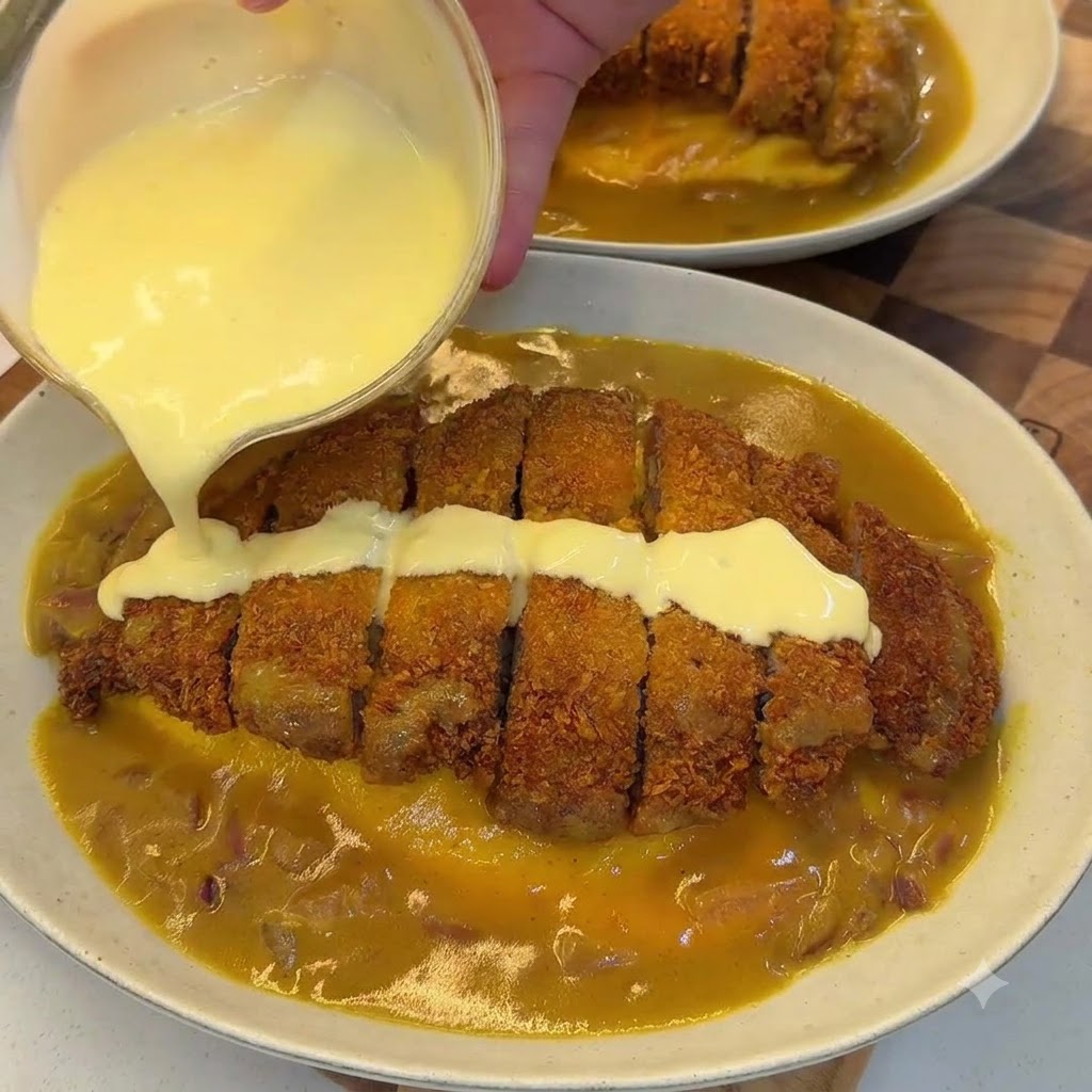 クリーミーなココナッツチーズソースが上からかけられた、ココナッツカレー豚カツライスの入ったボウル。