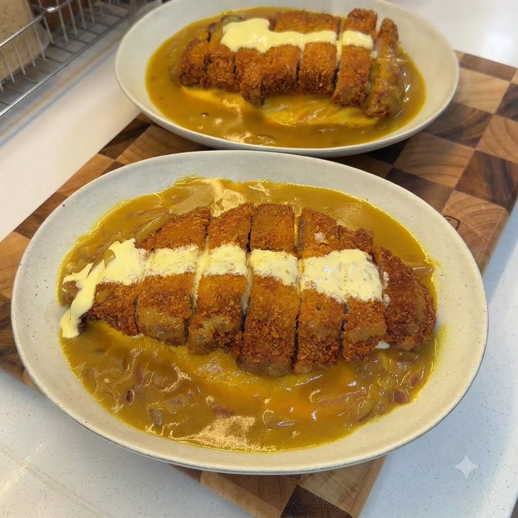 緑色のパセリのフレークがトッピングされた、完成したココナッツカレー豚カツライスの2つのボウル。