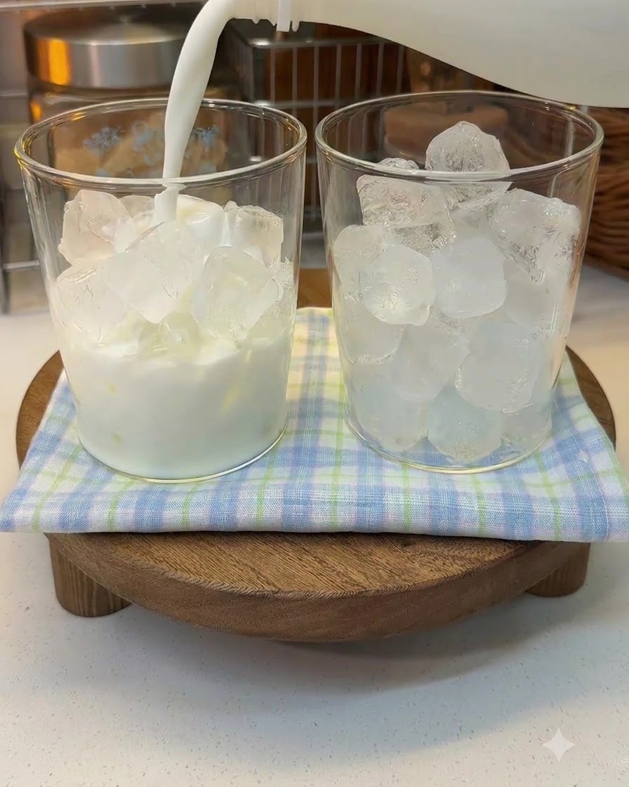 氷の入ったグラスに牛乳を注いでいる様子。隣にもう一つの同じグラスが置かれている。