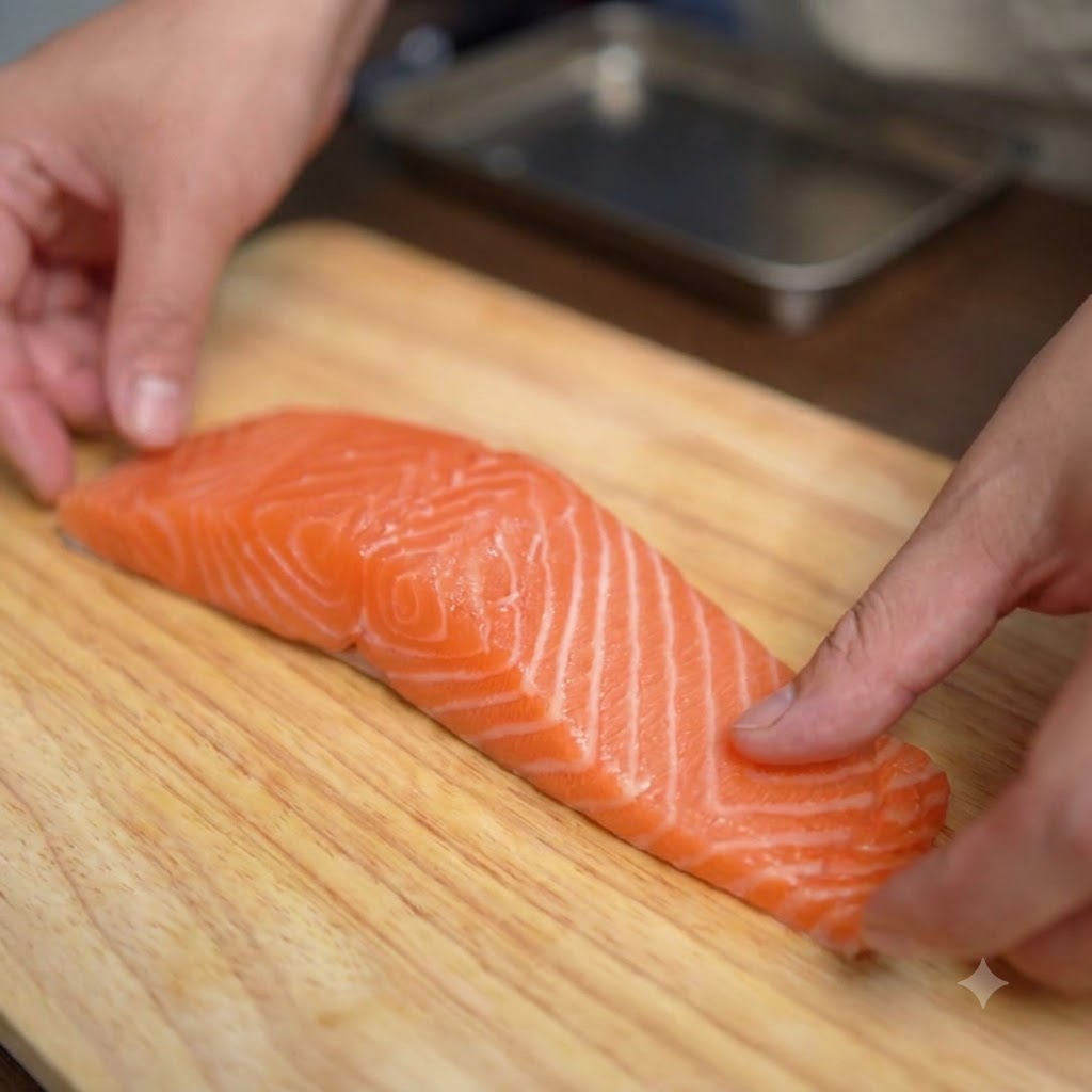 木製のまな板の上で、シェフナイフを使って新鮮なサーモンフィレの皮を剥いでいる手。