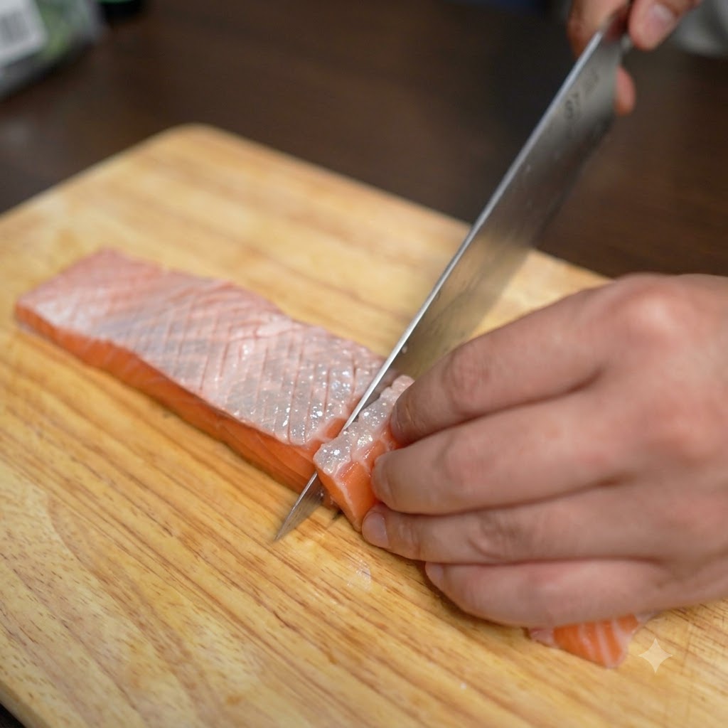 箸を使って、暗い色合いのどんぶりに入ったご飯の上に、厚切りの生サーモンを円状に美しく並べているところ。