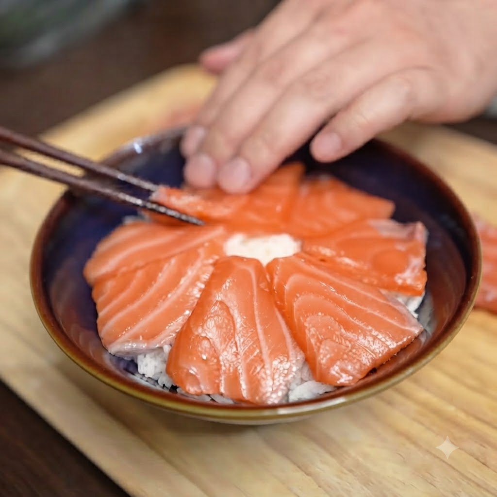 サーモンを敷き詰めたご飯の中央に、完璧な形の生卵黄がひとつ鎮座している様子。