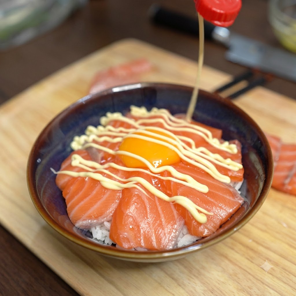 スクイーズボトルから、サーモンとご飯の丼ぶりにマヨネーズをクロス模様に絞り出しているところ。