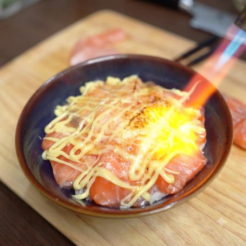 キッチンバーナーの青とオレンジの炎が、サーモン丼のクリーミーなマヨネーズのトッピングを香ばしく焦がしている様子。