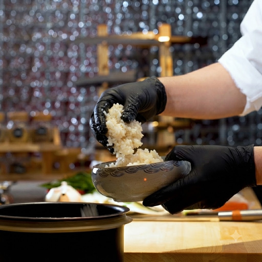 黒い手袋をした人が、温かい酢飯を陶器のどんぶりに盛り付けている様子。