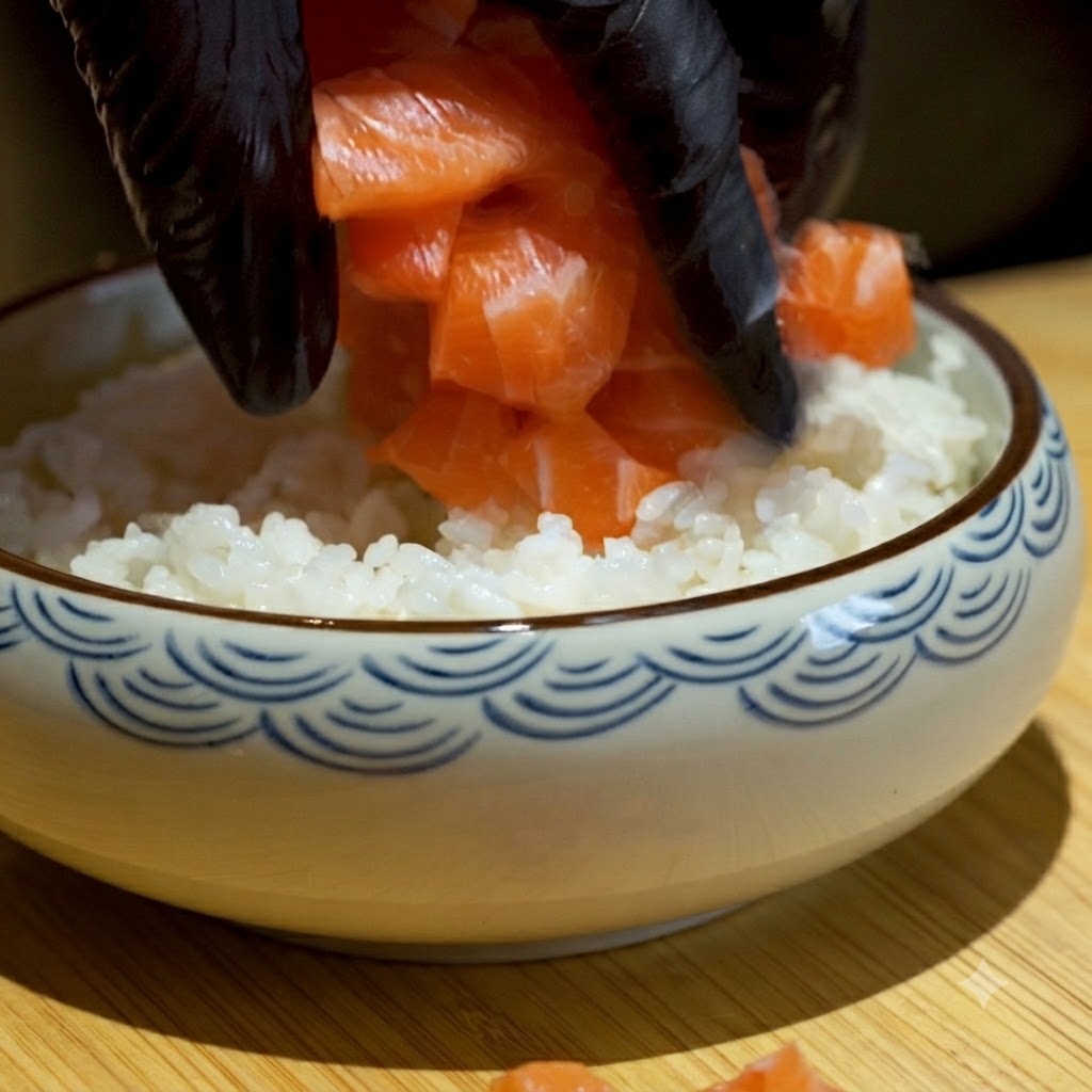 角切りのサーモンをどんぶりの酢飯の上に敷き詰めている様子。
