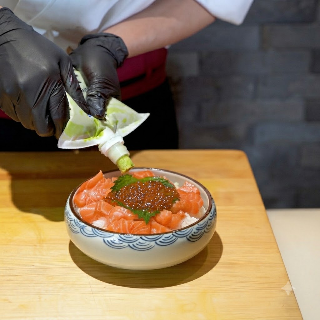 絞り袋からわさびを出し、海鮮丼の上に添えている様子。