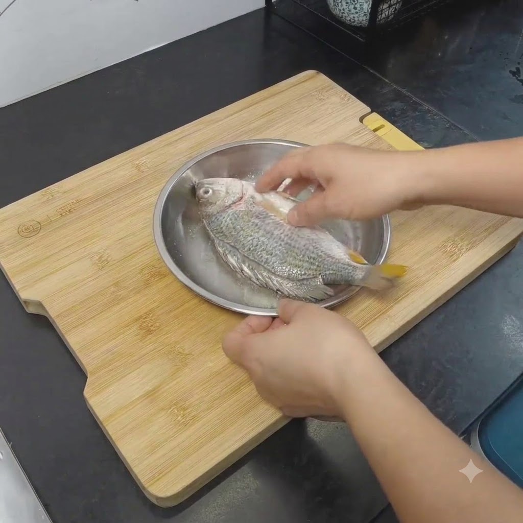 皿の上で生の魚に手で油と塩をすり込んでいる様子。