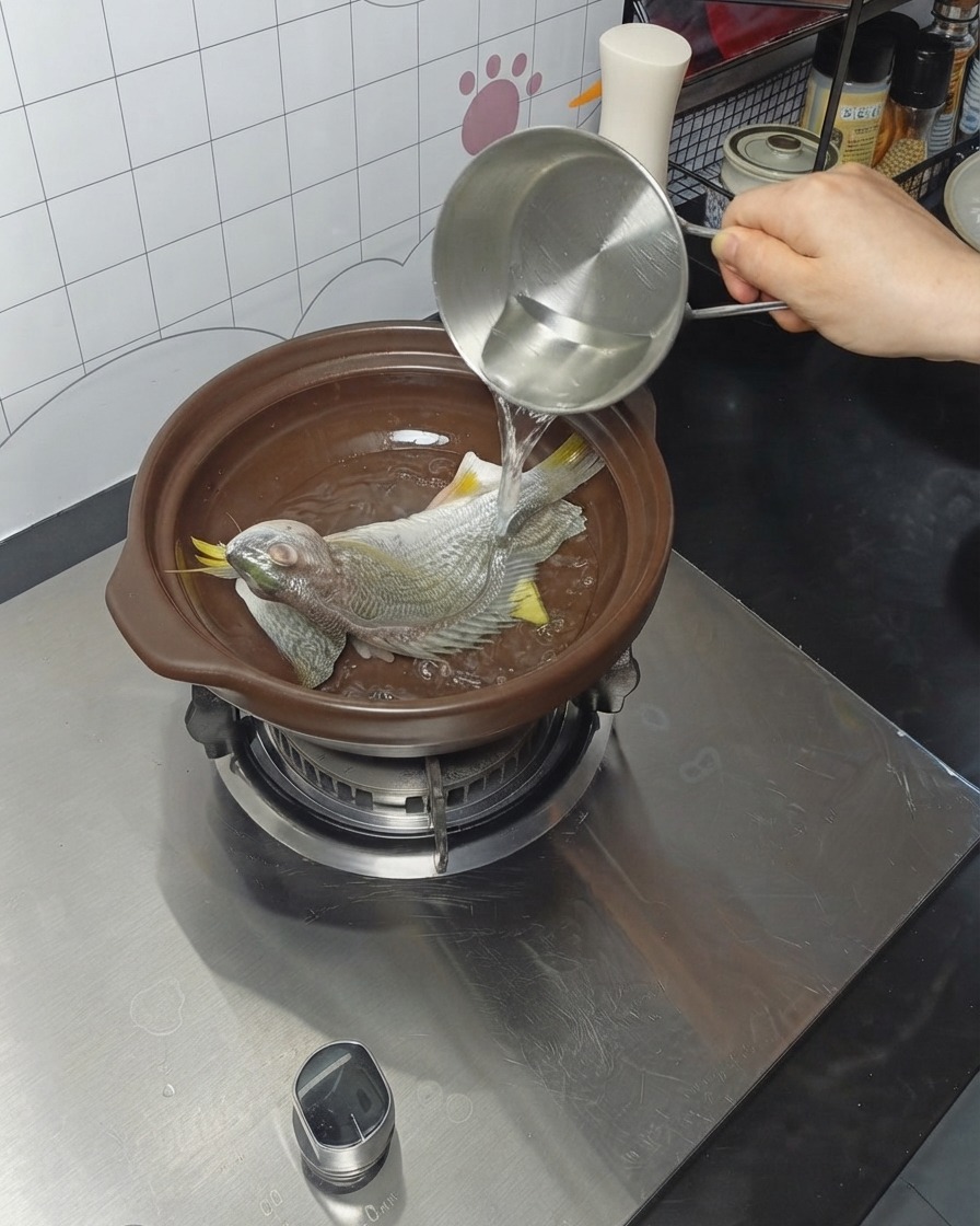 金属製の容器から、魚の入った土鍋へ水が注がれている様子。