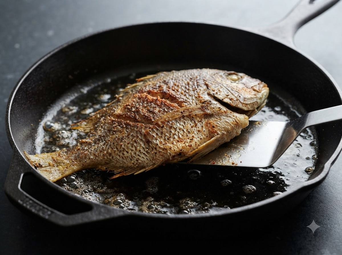 油の入った鋳鉄製フライパンの中で、ヘラを使って魚を慎重に裏返している瞬間。