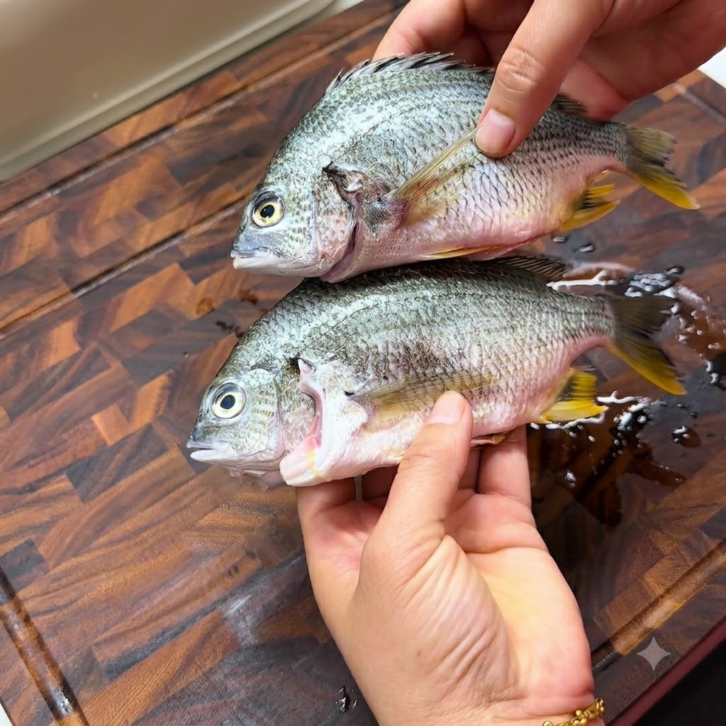 木製のまな板の上で、2尾の新鮮な黄鯛の小さなヒレを切り落とそうとしている様子。