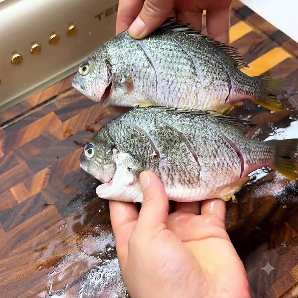 2尾の切れ込みを入れた魚を持ち、表面や切り込みの中に塩が均等にすり込まれている様子。