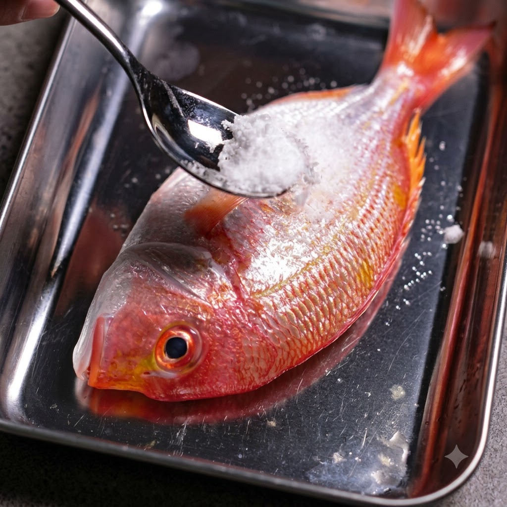 メタルバットに置いた新鮮な赤魚に、塩とコーンスターチをまぶしている様子
