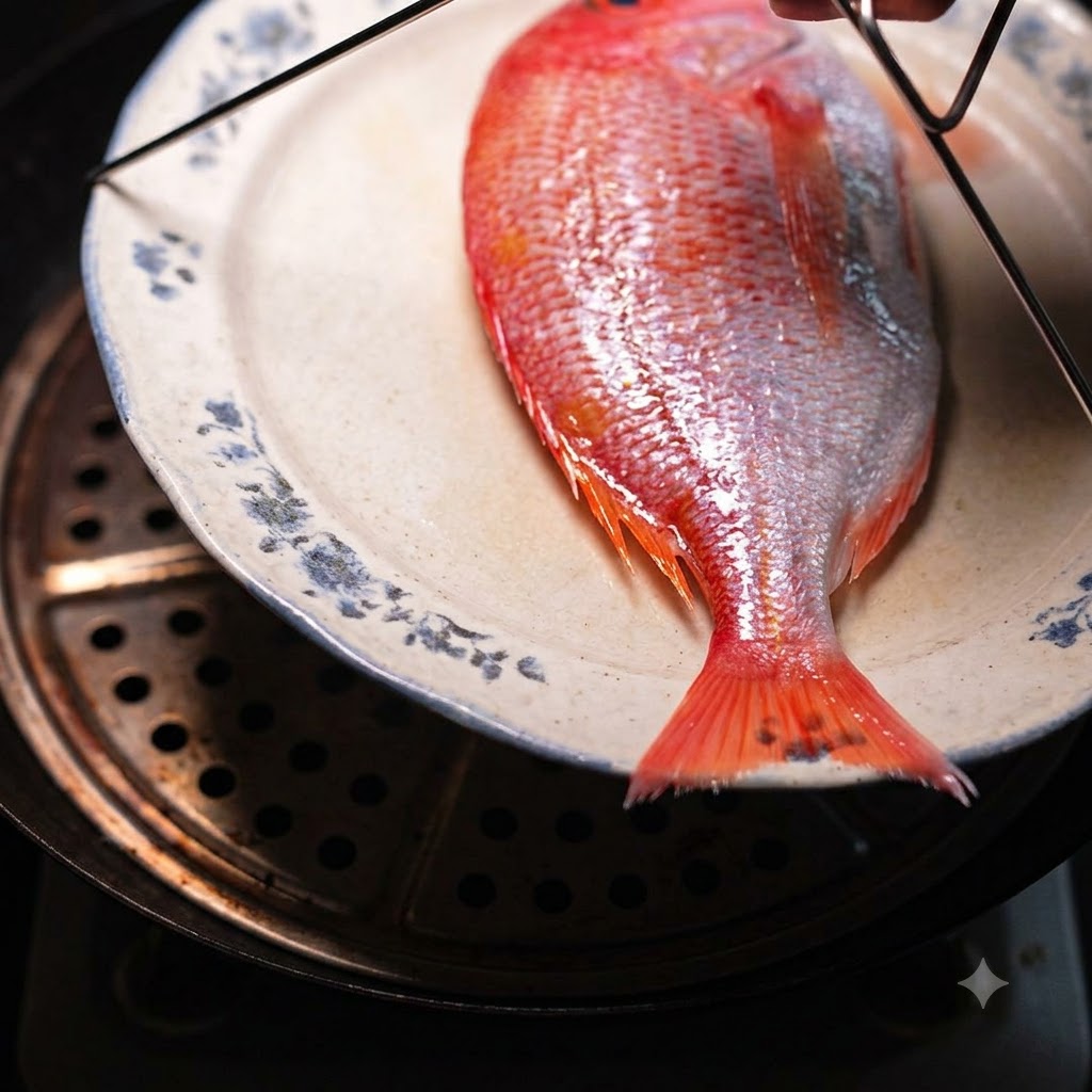 沸騰したお湯の上の蒸し器に、装飾的な皿にのせた赤魚をセットしている様子