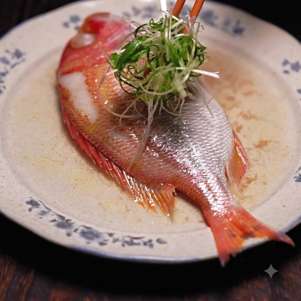 きれいに蒸し上がった赤魚の上に、緑色の千切りネギを山盛りに飾っている様子