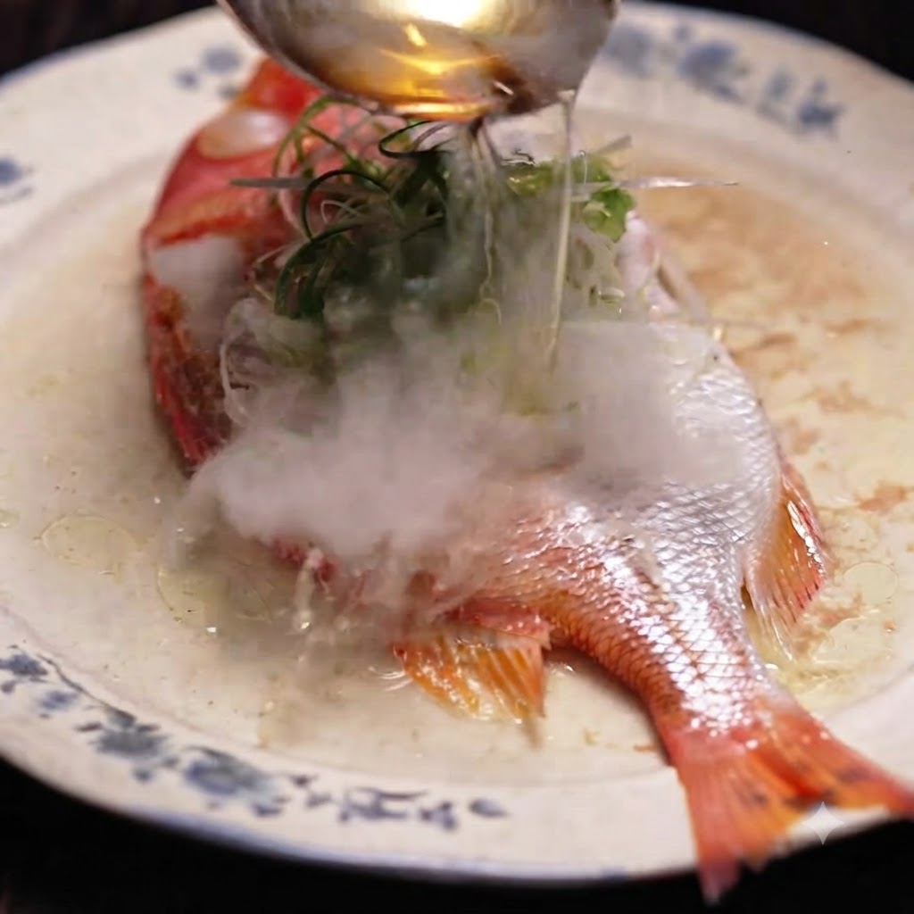蒸した赤魚の上の千切りネギに熱した油をかけ、湯気が上がっている様子