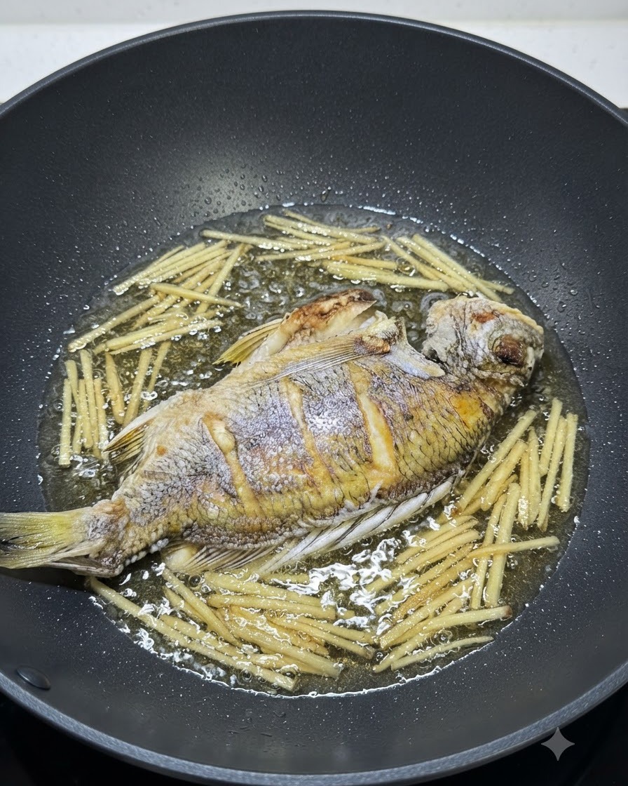フライパンの中の魚と生姜の上へ醤油が回し掛けられている様子。
