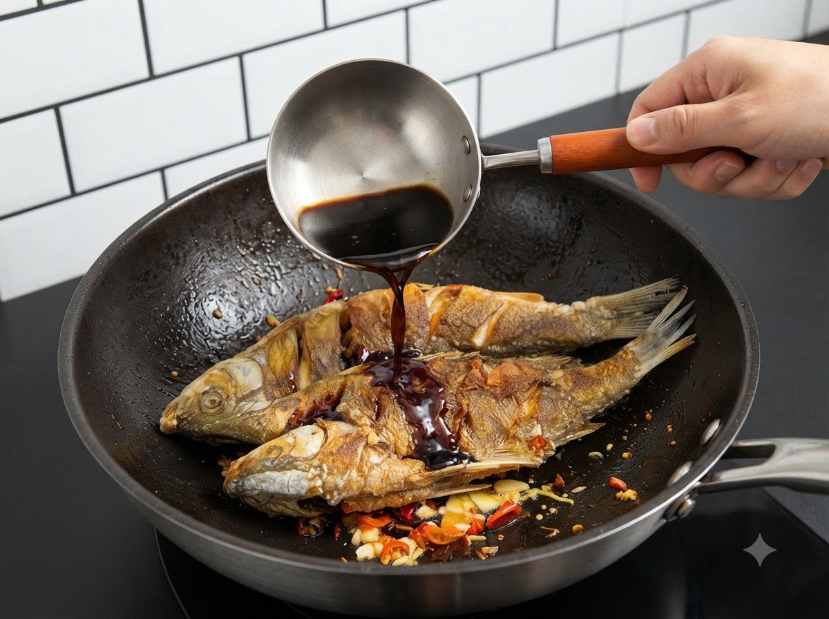金属製のおたまを使い、中華鍋の魚と香味野菜の上から濃い色の合わせ調味料を回しかけている様子。