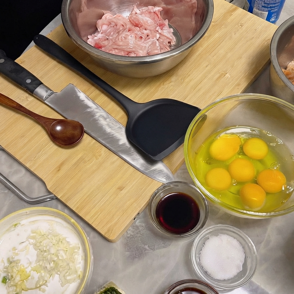 醤油、にんにく、スパイスと混ぜ合わせるためにステンレスボウルに入れられた豚肉のスライス。
